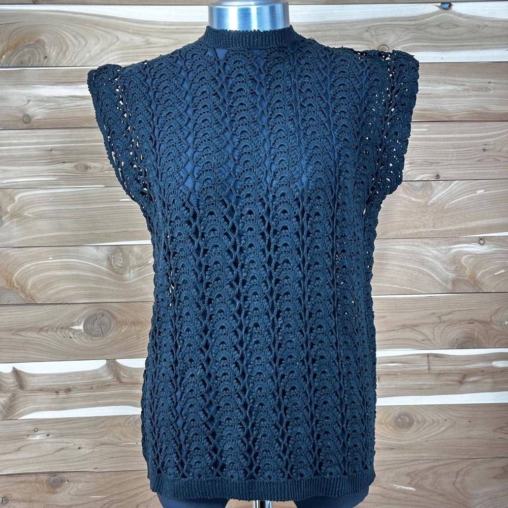 Crochet Handmade Summer Top Sleeveless Keyhole Black Casual Size Medium